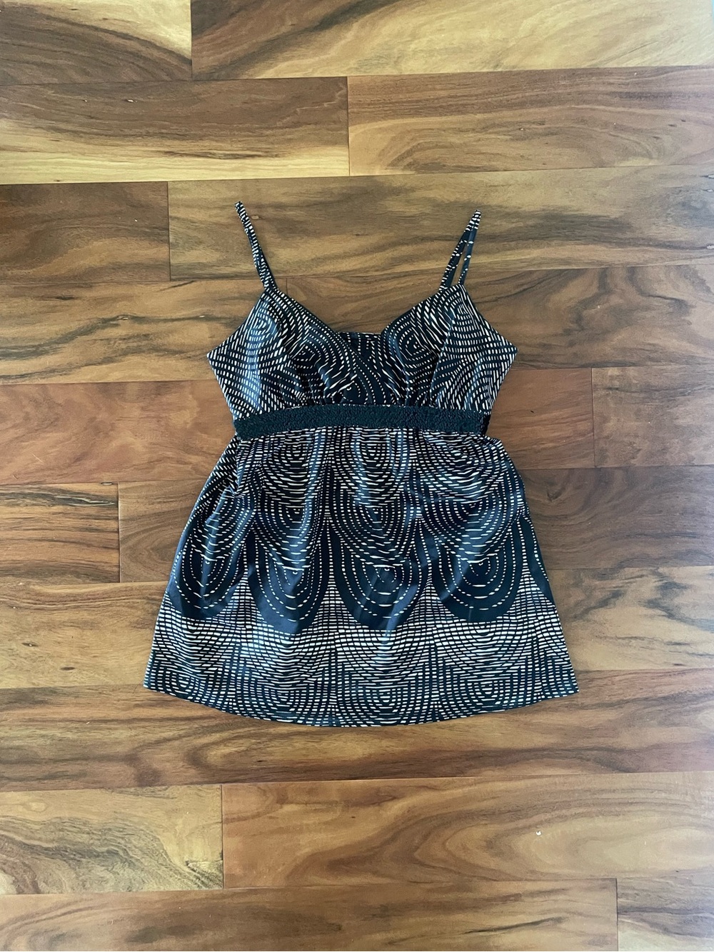 Express Black Mini Dress with Gold Dot Wave Print